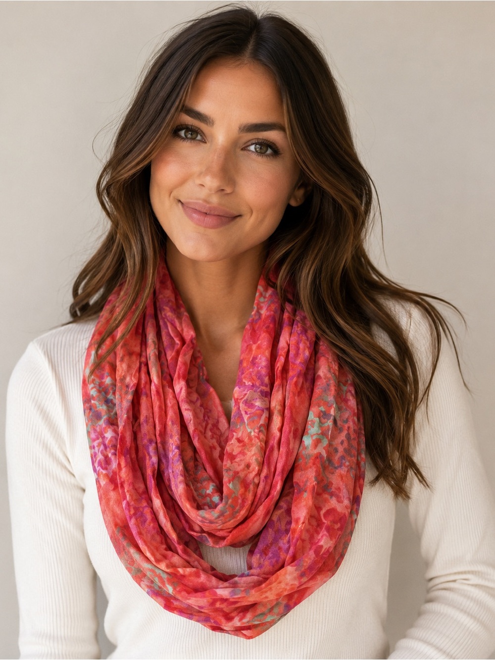 Lost River Floral Infinity Scarf Coral Pink Purple 100% Rayon Lightweight